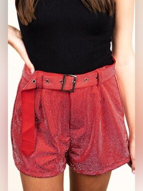 Red Embellished Women's Belted High Waisted Shorts Medium